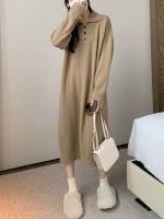 Spot parcel post Lapel Woolen Skirt Women 2023 Mid-Length Autumn and Winter Korean Style Loose Thick Gentle over the Knee Knitwear Dress