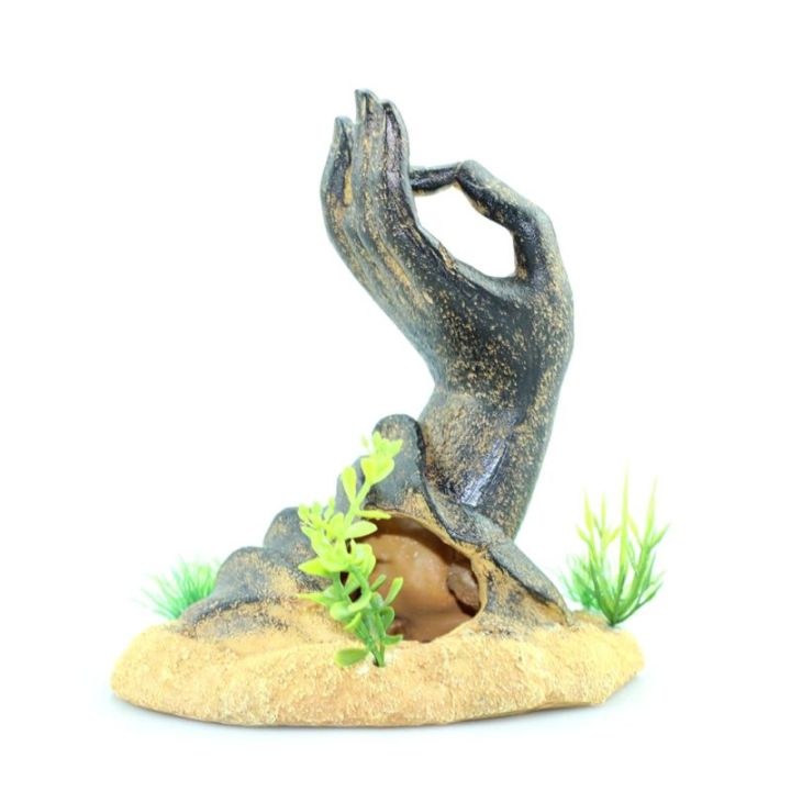 รูปปั้นปลารูปปั้นมือสำหรับตกแต่งตู้ปลาปลากัดอุปกรณ์ปลาถ้ำสัตว์น้ำ