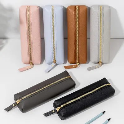 Convenient Pen Storage Durable Pencil Holder PU Leather Pen Bag Solid Color Pencil Bag Soft Stationery Bag