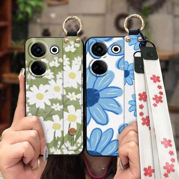 anti-dust-kickstand-phone-case-for-tecno-camon20-pro-4g-ck7n-wrist-strap-lanyard-painting-flowers-shockproof-sunflower