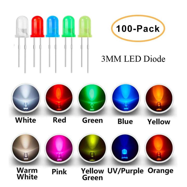 100pcs/lot 3mm LED Diode Assorted Kit White Green Red Blue Yellow Orange Pink Purple Warm white DIY Light Emitting DiodeElectrical Circuitry Parts
