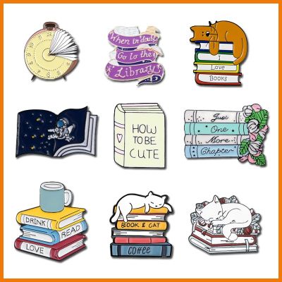 Fashion Cartoon Books Metal Enamel Brooch Cute Clock Starry Cat Kitty Library Pin Personality Charm Costume Jewelry Gift For Kid