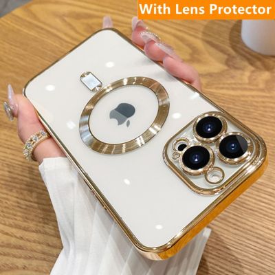 Luxury Magnetic Wireless Charging Case For Magsafe For iPhone 14 13 12 11 Pro Max Plus Transparent Plating Silicone Soft Cover