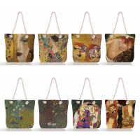 Travel Cloth Women Shoulder Bag High Capacity Abstract Gold Oil Painting Tote Beach Bag Linen Handbags Custom Pattern Thick Rope