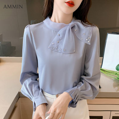 AMMIN เสื้อสตรีแขนยาวผ้าชีฟองลูกปัด,ใหม่ฤดูใบไม้ร่วงปี2021เสื้อคอกลมพร้อมผ้าพันคอผ้าไหมสไตล์เกาหลีหรูหราดีไซน์ส่วนตัว