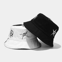 [hot]Men Women Summer Black White Color Block Bucket Hat Star Eye Graffiti Printed Patchwork Harajuku Hip Hop Outdoor Fisherman Cap