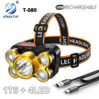 5หัว Super Bright LED ไฟหน้าแบบชาร์จไฟได้พร้อมลูกปัดโคมไฟ4LED 1T6และจอแสดงผลพลังงานเหมาะสำหรับการผจญภัยฯลฯ