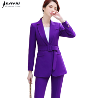 Purple Belt Women Winter Suit Slim Temperament Long Sleeve Blazer and Pants Office Ladies Fashion Business Work Wear