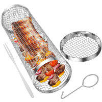 Sliver Rserie ตะกร้าสแตนเลสย่างกรง Non-Stick BBQ รอบ Rolling Grill ตะกร้าสำหรับ Outdoor Camping Picnic