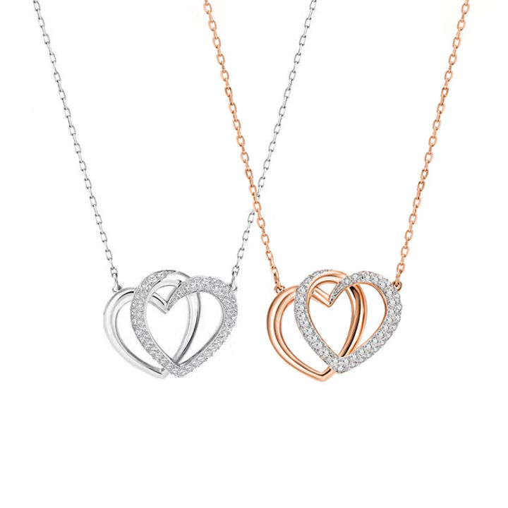 swan-jewelry-คริสตัลออสเตรียน-สร้อยคอ-สร้อยคอสองหัวใจ-ความรักนิรันดร์-สร้อยคอผู้หญิง-สร้อยคอแฟชั่นคู่-โซ่ไหปลาร้า-ของขวัญวันเกิดแฟนสา