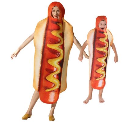 Adult Kids Funny 3D Print Hot Dog Costumes Halloween Food Sausage Men Women Boys Unisex One-Piece Costume Carnival Jumpsuit