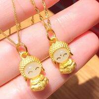 ZZOOI 24k Pure Gold Color Small Buddha Pendant Brass Gilded Smiling Buddha Inlaid White Jade Pendant Necklaces Chain for Women Jewelry