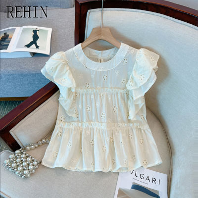 REHIN เสื้อฤดูร้อนของผู้หญิง,เสื้อฤดูร้อนคอกลมอแฟลชั่นแขนกุดมีระบายเสื้อปักลายอเนกประสงค์ลดอายุเสื้อชีฟอง