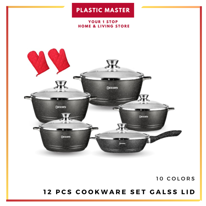 Dessini 12 Pcs Cookware Set Glass Lid Hot Pot Cooker Granite Aluminum NonStick Cookware Tool