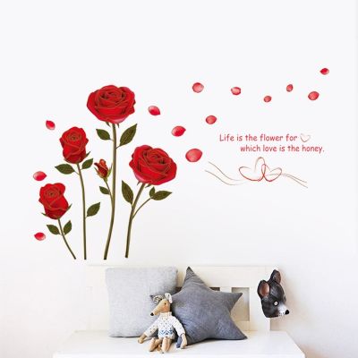 Romantic Red Rose Wall Sticker For Bedroom Living Room Sofa Background Home Decoration Mural Art Decals Flowers Wallpaper Tapestries Hangings