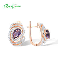 SANTUZZA Silver Jewelry Set For Women Pure 925 Sterling Silver Purple Stones White CZ Ring Earrings Set Trendy Fine Jewelry