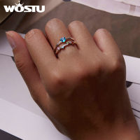 WOSTU Genuine 925 Sterling Silver Simple Blue Rainbow Zircon Stackable Jewelry Set Rings Stud Earrings Gift Wedding Jewelry S255