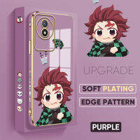 เคส PMP เคสสำหรับ Vivo Y02T Y02A ฟรีสายคล้องการ์ตูนอะนิเมะสังหารปีศาจ Tanjirou ปลอกรูปแบบขอบสี่เหลี่ยมชุบเคสโทรศัพท์หรูหราชุบเคสโทรศัพท์นิ่ม