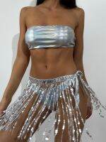 Shiny 3 Piece Bikini Set for Women Bandeau Push Up Sequin Tassels Skirt Cover Up Swimsuit Bathing Suit Holiday Swimwear 2023