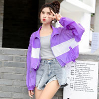 Fashion Purple Patchwork Thin Baseball Jacket Women Casual Zipper Bomber Tops Breathable Sunscreen Cardigan Short Coat 3 Colors