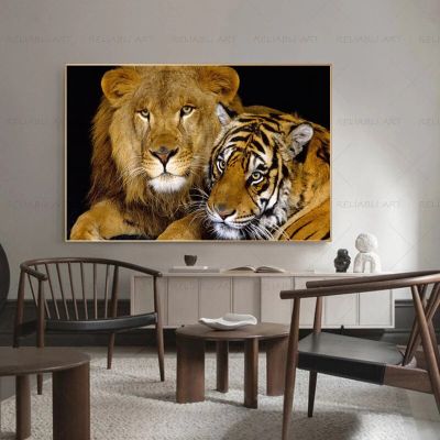 โปสเตอร์และภาพพิมพ์ศิลปะสัตว์สมัยใหม่-ภาพวาดนามธรรมภาพสิงโตและเสือสำหรับห้องนั่งเล่นตกแต่งบ้าน