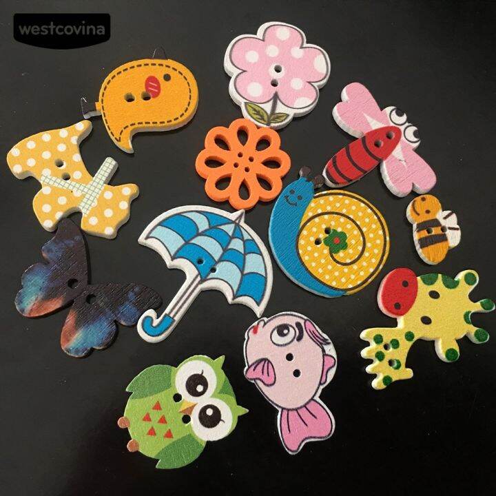 westcovina-50pcs-cartoon-flower-owl-elephant-shape-wooden-buttons-sewing-scrapbooking-tool