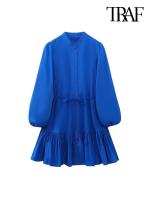 【YF】 TRAF Women Fashion With Belt Ruffled Mini Shirt Dress Vintage Long Sleeve Button-up Female Dresses Vestidos Mujer