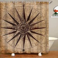 【CW】■  Shower Curtain Sea Yacht Theme Colored Wood Backdrop Rudder Compass Fabric Set