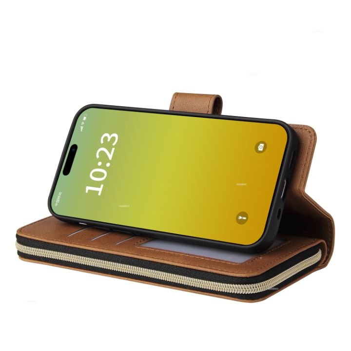 กระเป๋ากระเป๋าสตางค์แบบมีซิปมีช่องใส่การ์ด9ช่อง-เคสโทรศัพท์หนังสำหรับ-iphone-15-pro-max-iphone-15-plus