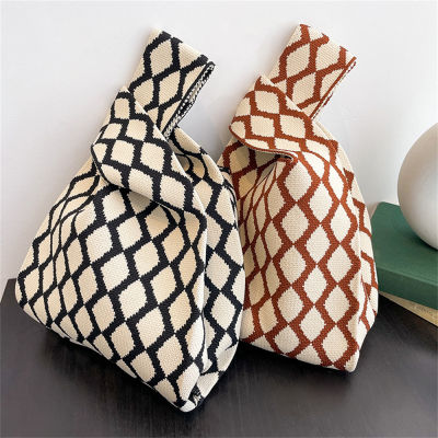 Reusable Shopping Japanese Student Plaid Wide Bag Bags Shopping Bags Color Mini Handmade Wrist Handbag Knit