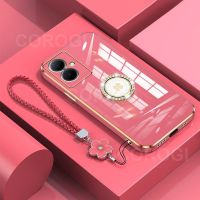 เคสป้องกันซิลิโคนนิ่มสำหรับ Vivo Y27 4G / Y27 5G/Y78สายคล้องแบบมีเคส5G + ขาตั้งวงแหวนพลอยเทียมหรูหรากรอบสี่เหลี่ยมเคลือบ6D มันวาวกรณีที่โทรศัพท์ของผู้ถือแวววาวกรอบหลังผู้หญิง