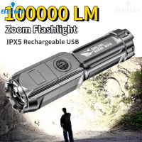 100000LM Powerful LED Flashlight USB Charging Tactical Flash Light Variable Focus Long Range Torch Outdoor Waterproof Flashlight Rechargeable  Flashli