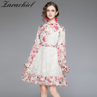 2022 Spring Summer Sweet Flower Dress Womens Ruffled Hollow Out Belt Floral Print Long Petal Sleeve Elegant Chiffon Vestidos