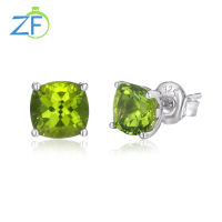 GZ ZONGFZ Genuine 925 Sterling Silver Earrings for Women Natural Peridot Square Small Stud Earrings Fine Jewelry