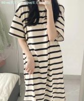 MUJI Muji Pajamas Female Striped Loose Cotton Short Sleeve Nightgown Summer Long Dress In Household To Take