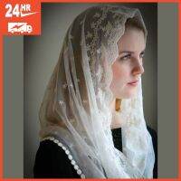 มุสลิม Katolik ผ้าคลุมไหล่ลูกไม้ผู้หญิง Sub Tudung ผ้าพันคอสีเบจสีดำ