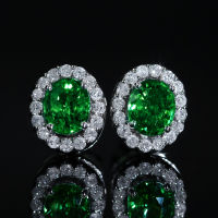 Tsavorite Diamond Earrings ต่างหูเพชรซาโวไรท์ โกเมนแท้สีเขียวสด เนื้อสะอาดมาก ประดับเพชรแท้น้ำ95-96 ตัวเรือนเป็นทองขาว18k