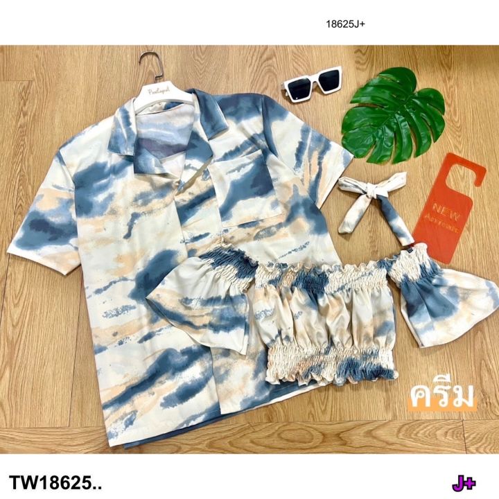 tw18625-ชุดเซ็ท-3ชิ้น-เสื้อฮาวาย-เสื้อครอป-สายผูกผม