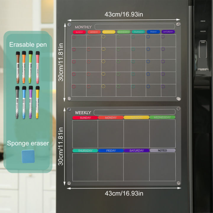 คลังสินค้าพร้อม-loiion-ปฏิทินติดตู้เย็นแม่เหล็กอะคริลิค2ชุด-วางแผนรายสัปดาห์แบบใสปฏิทินกระดานลบแห้งสำหรับตู้เย็นสมุดวางแผนแบบใช้ซ้ำได้รายสัปดาห์รายเดือนมีเครื่องหมาย4ตัว-42x33ซม