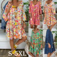 9 Colors Women Boho Summer Floral Long Sleeve Holiday Beach V Neck Flared Sleeve Shirt Dress Loose Dress Plus Size S-5XL