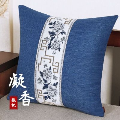 【SALES】 New Chinese style thickened linen solid wood sofa pillow cover with core removable and washable living room bedside large