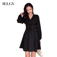 COD DSFERTGERRYYY IELGY High waist All-match Fashion Autumn Blue Womens dress Solid color Chiffon Slim