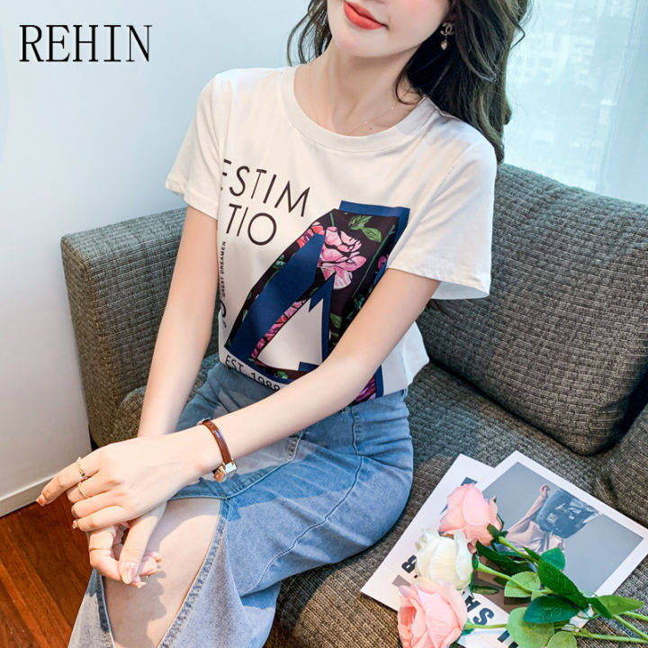 rehin-คอกลมหลวมแฟชั่นผู้หญิง-เสื้อยืดลำลองอเนกประสงค์แขนสั้นตัวอักษรฤดูร้อน