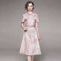 All-Match Waist Slimming Positioning Printed Short-Sleeved Dress (with Belt)