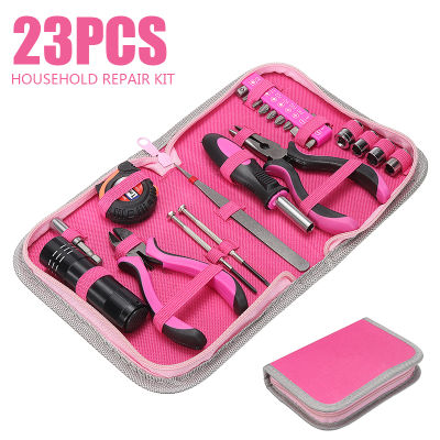 23pcs Female Hand Tool Sets Screwdriver Household Tool Pink Multi-function Repairing Tool Kit Plier Screw Tape Measure Tool