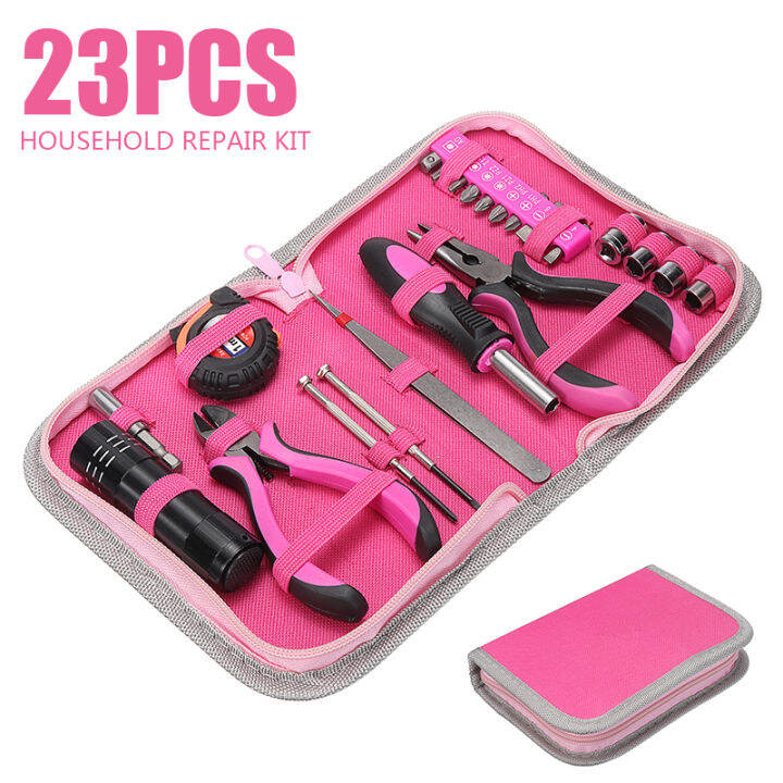 23pcs-female-hand-tool-sets-screwdriver-household-tool-pink-multi-function-repairing-tool-kit-plier-screw-tape-measure-tool