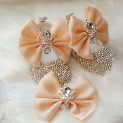 Dollbling Delicate Apricot Butterfly Baby Shoes Headband Set Luxury Diamond Fluff Outfit Red Bottom Little Girl Baptism Shoes