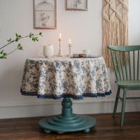 [COD] Yiman Qiyun tablecloth blue rose printed linen round fabric retro style