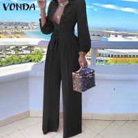 Elegant Office Ladies Jumpsuits 2022 VONDA Women Casual Lapel Neck Playsuits Overalls Casual Party Palazzo Pantalon Femme