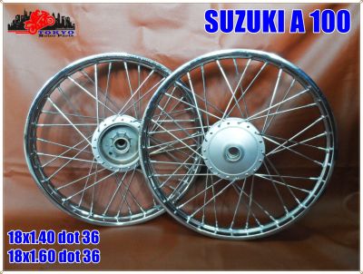 WIRE SPOKE WHEEL FR&amp;RR RIM 18x1.40 (DOT36) and 18x1.60 (DOT36) for SUZUKI A100 // วงล้อขึ้นซี่ลวด พร้อม ดุมล้อ และ ยางรอง หน้า-หลัง(36 รู) (2 วง)